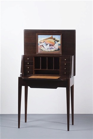 Rosewood Roll Top Desk With Drawers And Oil Painting By Niccolo