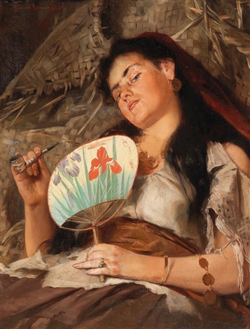 girl smoking pipe with japanese fan by edmund blume on artnet