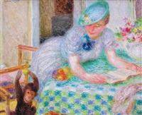 Femme lisant et le singe