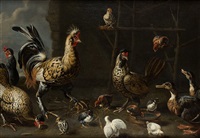 Composición con gallo, gallinas, pollos y patos Composición con gallo, gallinas, pollos y patos