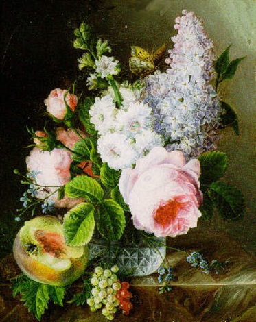 Still Life Of Flowers In A Crystal Vase With A Peach And Currents