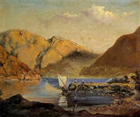 Fra en bjergso med mennesker omkring en..., 1867