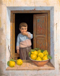 Niño junto a una ventana y membrillos