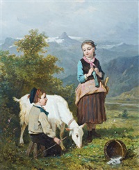 Children with a goat