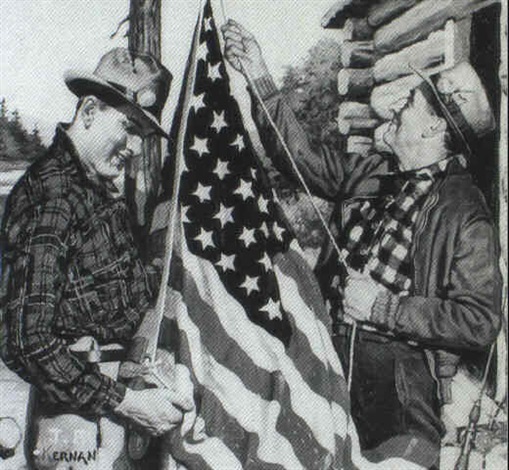 Magazine Cover Outdoorsmen Hoisting Flag At Log Cabin By Joseph F