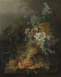 A still life with flowers, peaches, grapes and a A still life with flowers, peaches, grapes and a