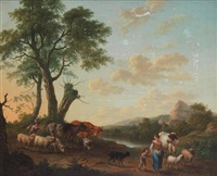 A drover with cattle and sheep before a stream A drover with cattle and sheep before a stream