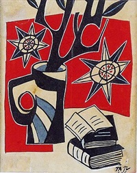 Nature morte aux livres et vase de fleurs