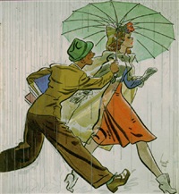 Man holding umbrella for fashionable..., 1940–1940 Man holding umbrella for fashionable..., 1940–1940