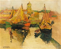 Sailboats Moored in Town Harbor