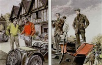Men by roadster, examining road map, 1955–1955