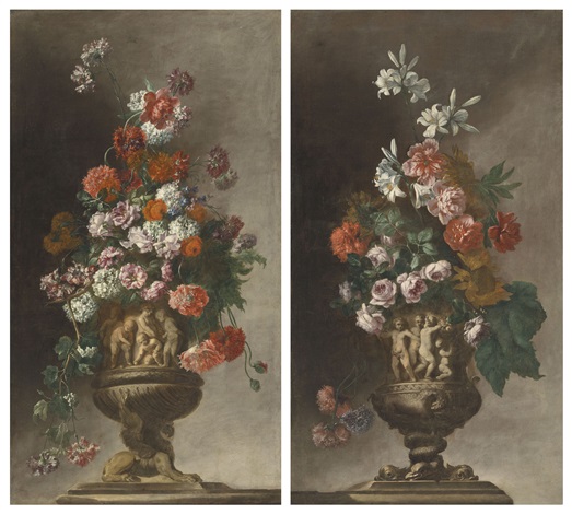 A Pair Of Ornate Vases With Flowers On A Ledge By Italian School