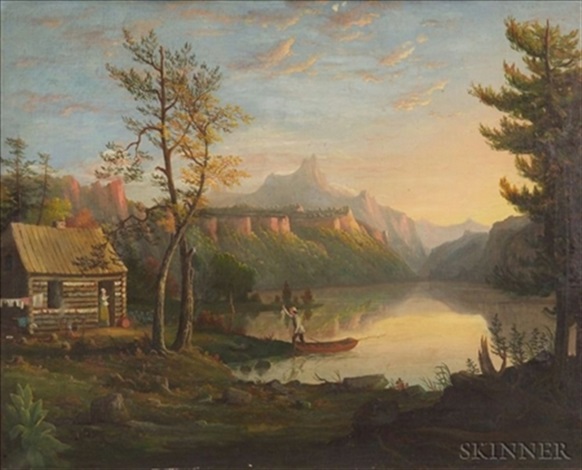 Hudson River Valley Landscape With Log Cabin And Figures By