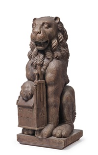 A CARVED NEWEL FINIAL A lion with a model of , 1913 A CARVED NEWEL FINIAL A lion with a model of , 1913