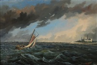 Seascape with a fishing boat off the coast..., 1869