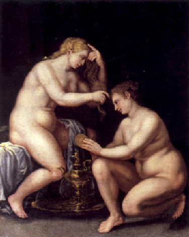 Zwei Frauen Bei Der Toilette Mit Einem Kostbaren In Silver Getriebenen Vergoldeten Waschgeschirr By German School Southern 17 On Artnet