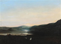 Landscape with a sunset and two storks Landscape with a sunset and two storks