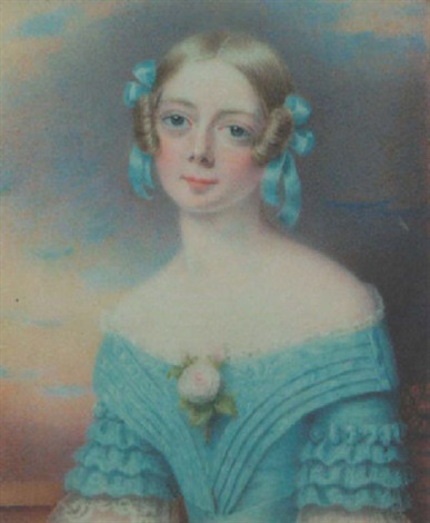 A Young Lady Wearing Decollete Turquoise Blue Dress With White