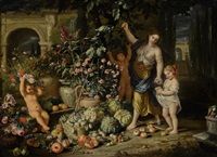 A YOUNG WOMAN PICKING FIGS WITH THREE CHILDREN... A YOUNG WOMAN PICKING FIGS WITH THREE CHILDREN...