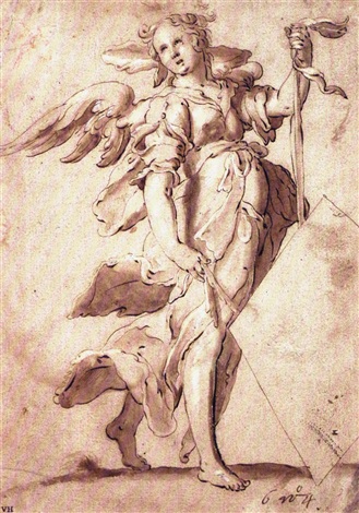 study of an angel holding a blank sheld by two bands by joachim sheld