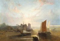 A coastal scene with figures by beached..., 1878 A coastal scene with figures by beached..., 1878