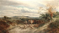 A shepherd and a cart on a rustic track A shepherd and a cart on a rustic track