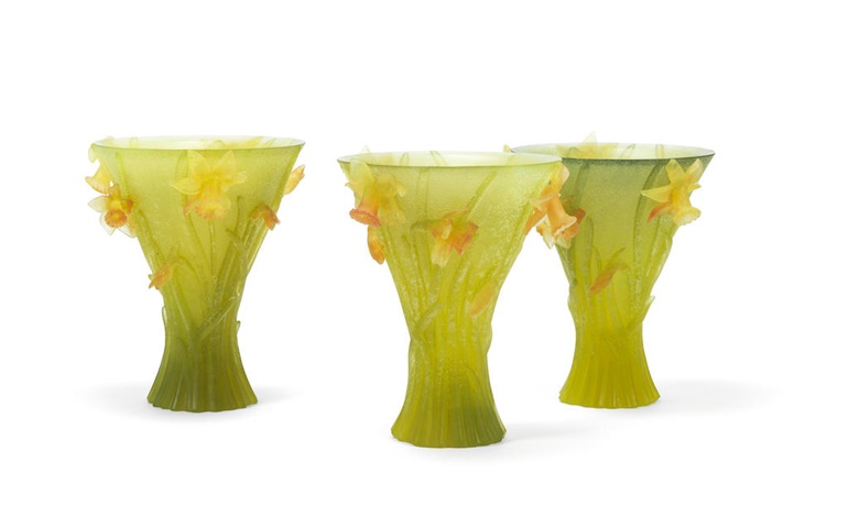 A Set Of Three Modern Daum Pate De Verre Glass Vases By Daum Co