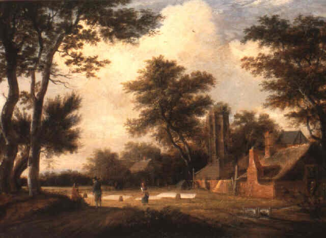 a dutch landscape with figures in a field drying linen near a