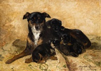 A dog with her puppies