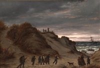 View from a beach with fishermen on their..., 1873 View from a beach with fishermen on their..., 1873