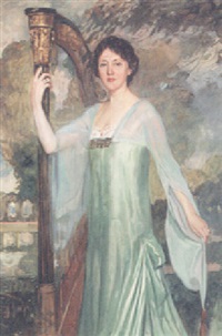 portrait of a lady wearing a blue gown and standing before a harp by antonio ortiz echagüe
