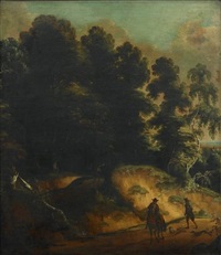 A wooded landscape with huntsmen and their dogs... A wooded landscape with huntsmen and their dogs...
