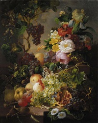 A still life with fruit and flowers amongst... A still life with fruit and flowers amongst...