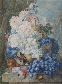 a bouquet of peonies with grapes, prunes, and a sparrow in a garden landscape by jan van os