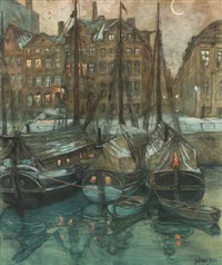 channel scenery in the moonlight, presumably christianshavn in copenhagen by gudmund herman peter hentze