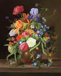 Blumenstillleben mit Vogelnest und Schmetterling Blumenstillleben mit Vogelnest und Schmetterling