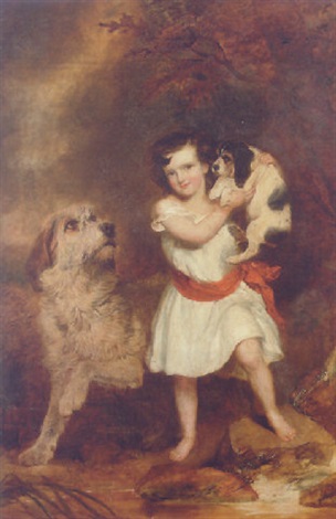 little boy holding dog painting