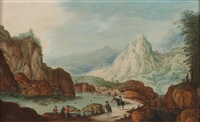 A mountainous river landscape with horsemen