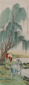 Two horses under a willow tree