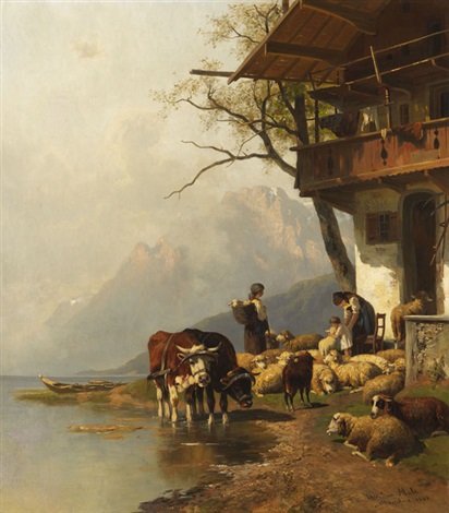 Ruhende Schafherde Vor Dem Haus Am Bergsee By Christian Friedrich