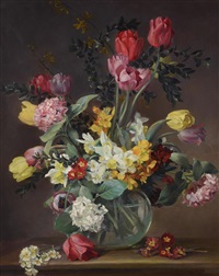 Still life of tulips in a glass vase