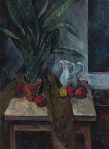 still life on a table with flowers, pitcher and fruits by jon stefansson