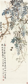 紫藤双蜂 立轴 设色纸本