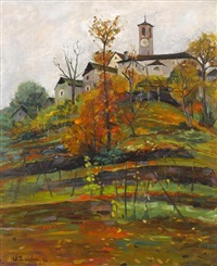 Herbstlicher Weinberg mit Tessiner Dorf, 1954 Herbstlicher Weinberg mit Tessiner Dorf, 1954