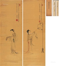 丽人图双屏 立轴 设色纸本