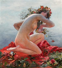 Seated nude with floral wreath