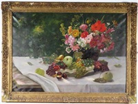 Stillleben mit bunten Blumen in Vase und... Stillleben mit bunten Blumen in Vase und...