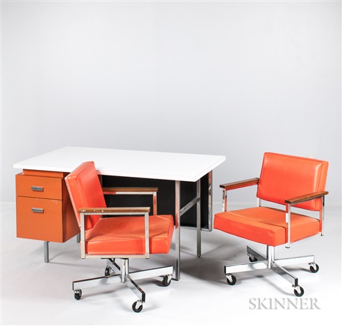 George Nelson Eog Desk And Two All Steel Armchairs By George
