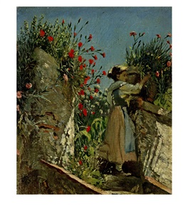 mädchen an gemäuer mit nelken by frank buchser