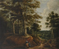 Wooded landscape with figures making music and a Wooded landscape with figures making music and a